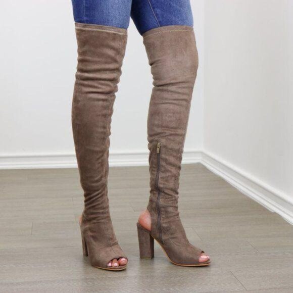 Suede Thigh High Peep Toe & Heel Chunky Heel Boot - Picture 7 of 8